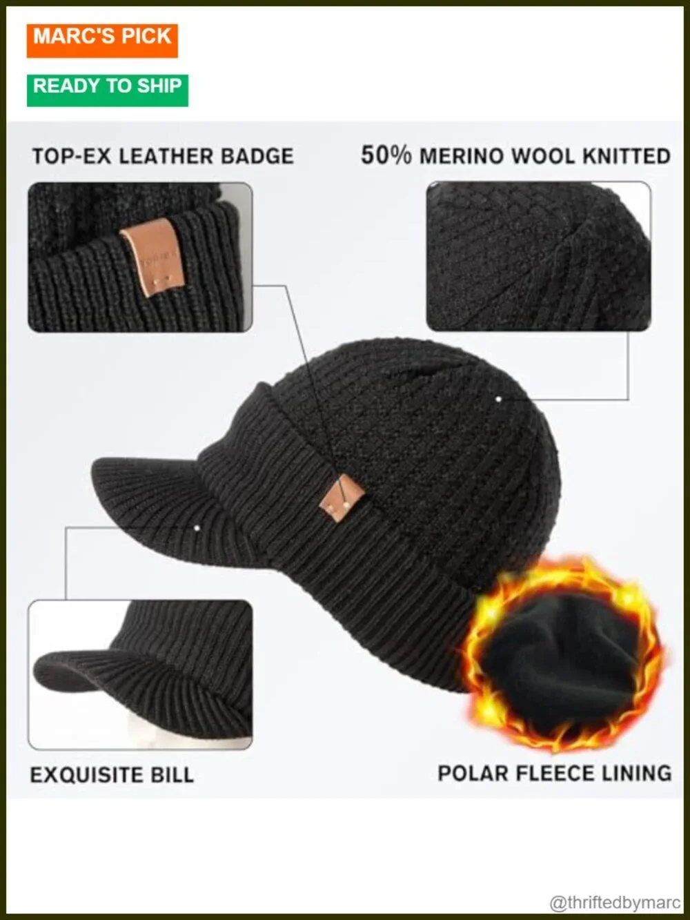 Merino Wool Waterproof Brim Beanie with Earflaps Polartec Lined for Skiing
